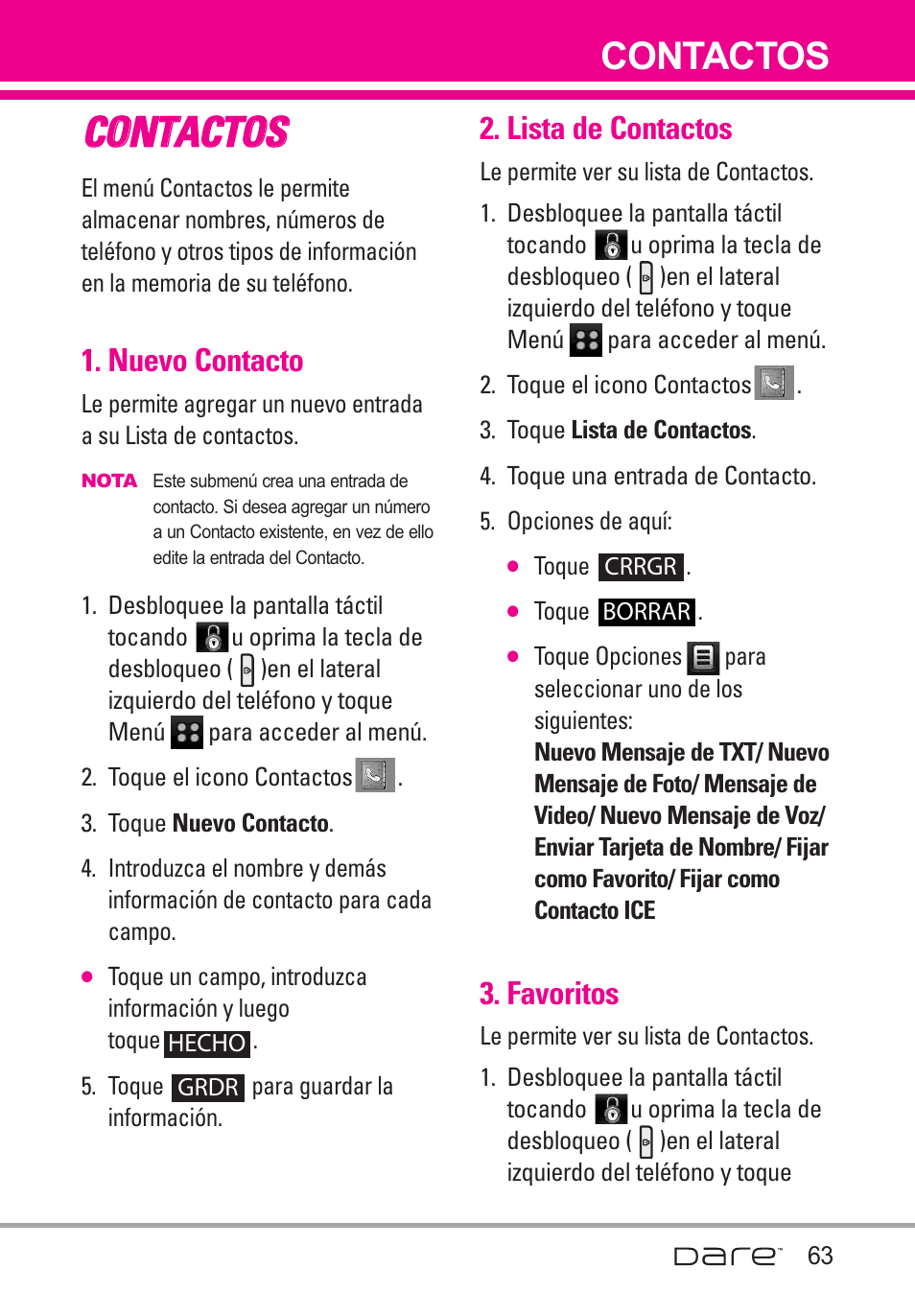 Contactos, Nuevo contacto, Lista de contactos | Favoritos, Cco on nt ta ac ct to os s | LG Dare User Manual | Page 194 / 273