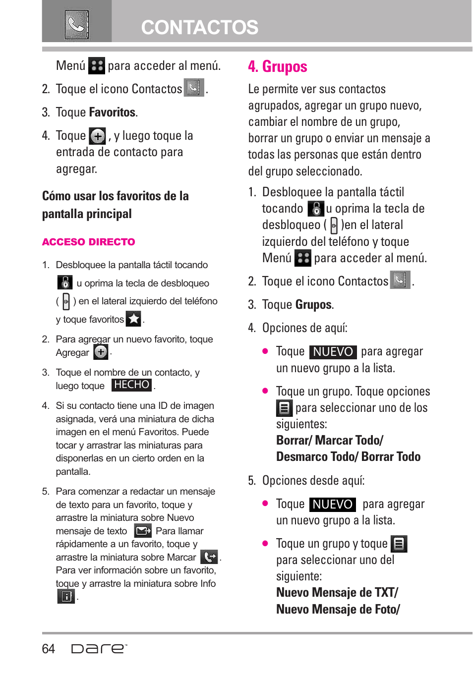 Grupos, Contactos | LG Dare User Manual | Page 195 / 273