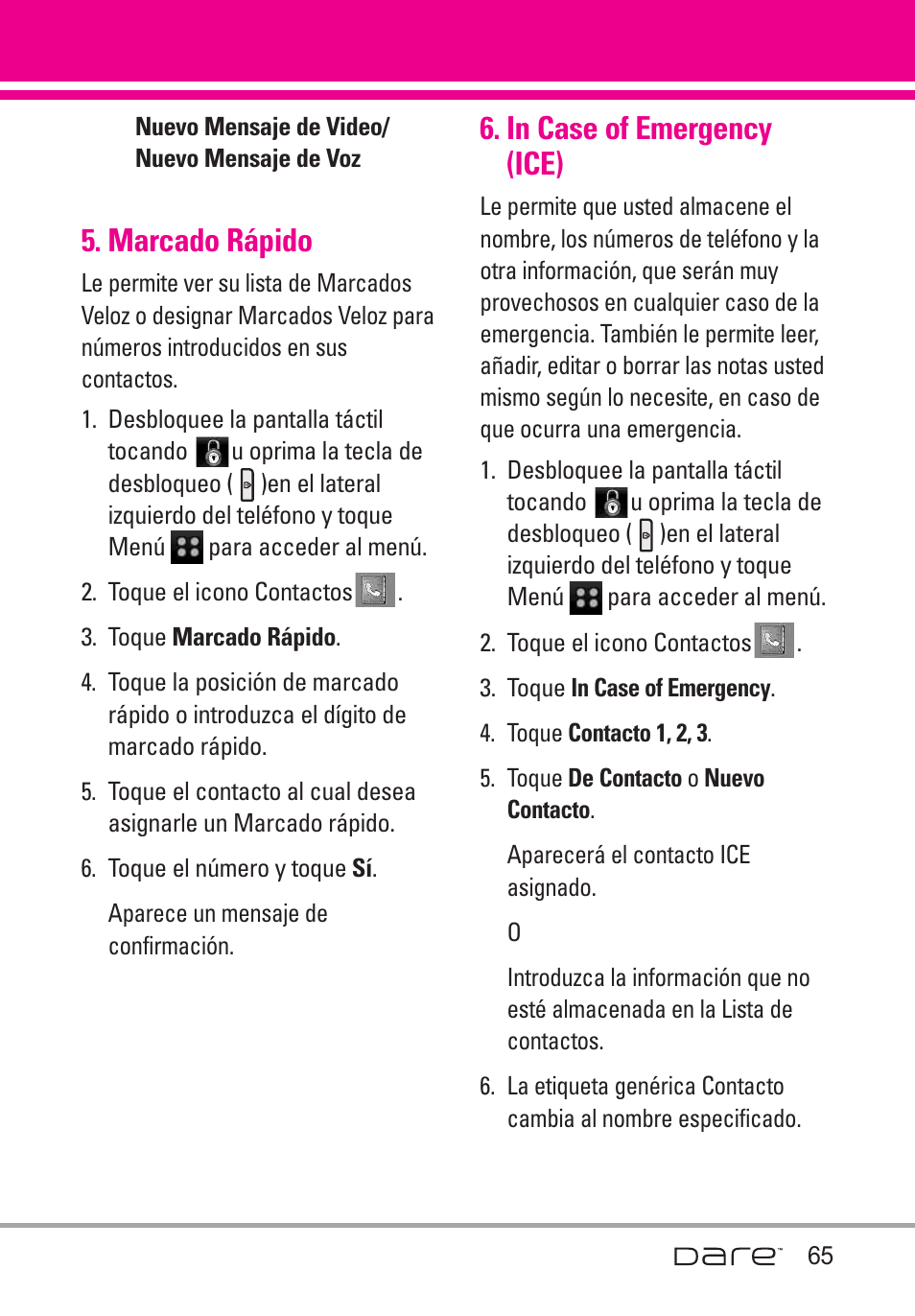Marcado r?ido, In case of emergency (ice), Marcado rápido | LG Dare User Manual | Page 196 / 273