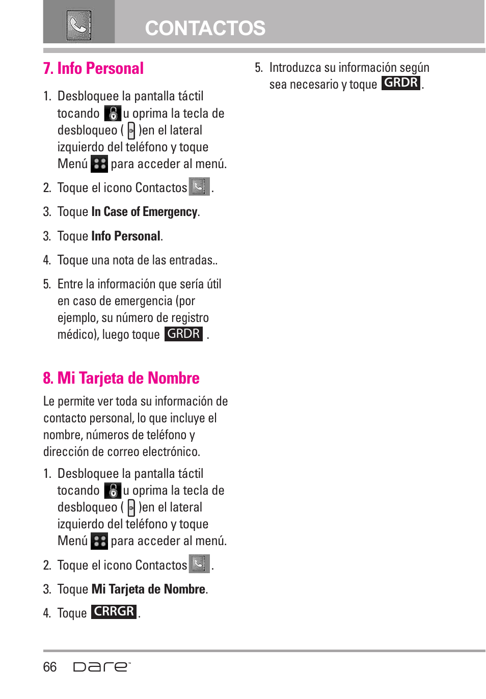 Info personal, Mi tarjeta de nombre, Contactos | LG Dare User Manual | Page 197 / 273