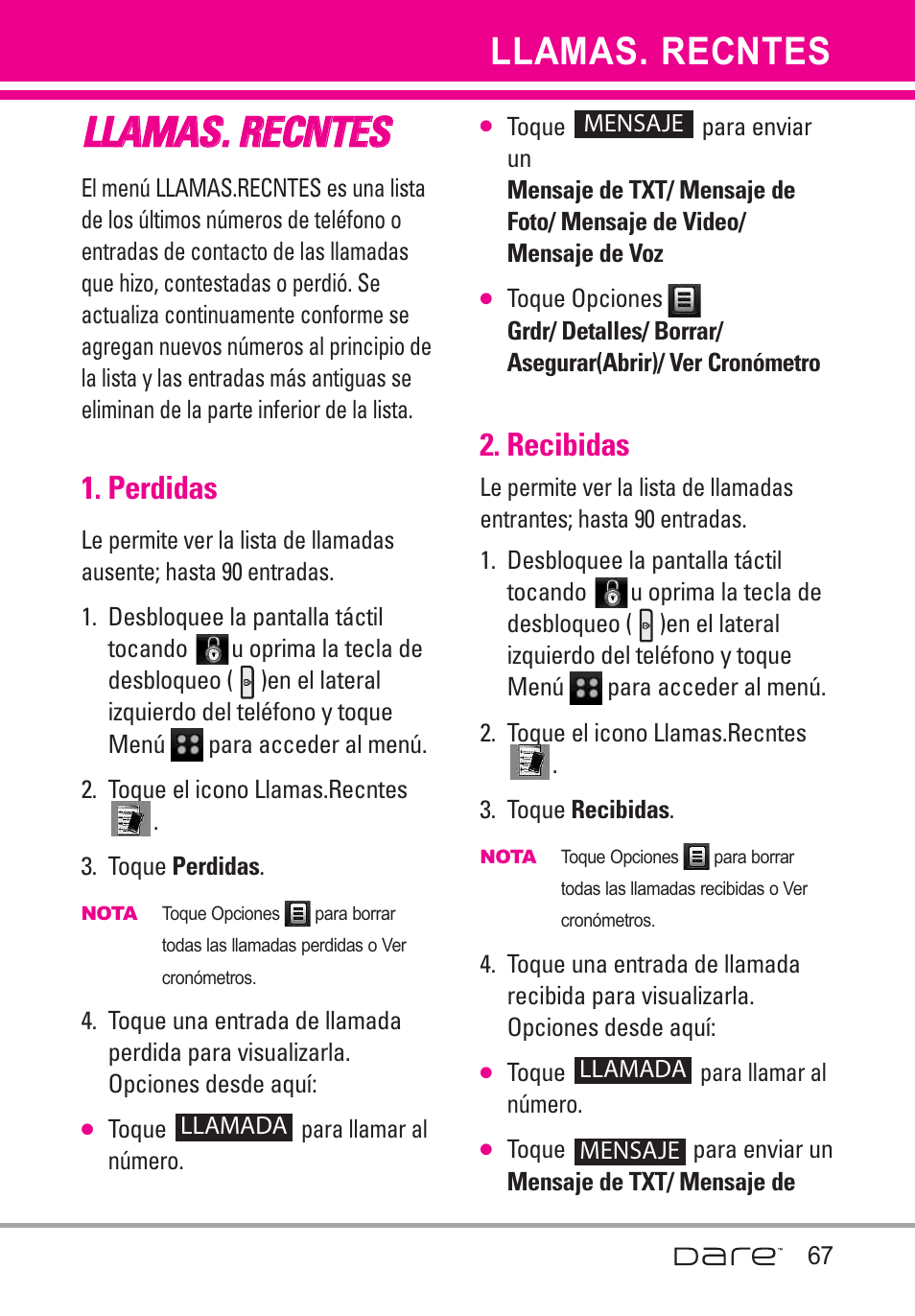 Llamas. recntes, Perdidas, Recibidas | LG Dare User Manual | Page 198 / 273