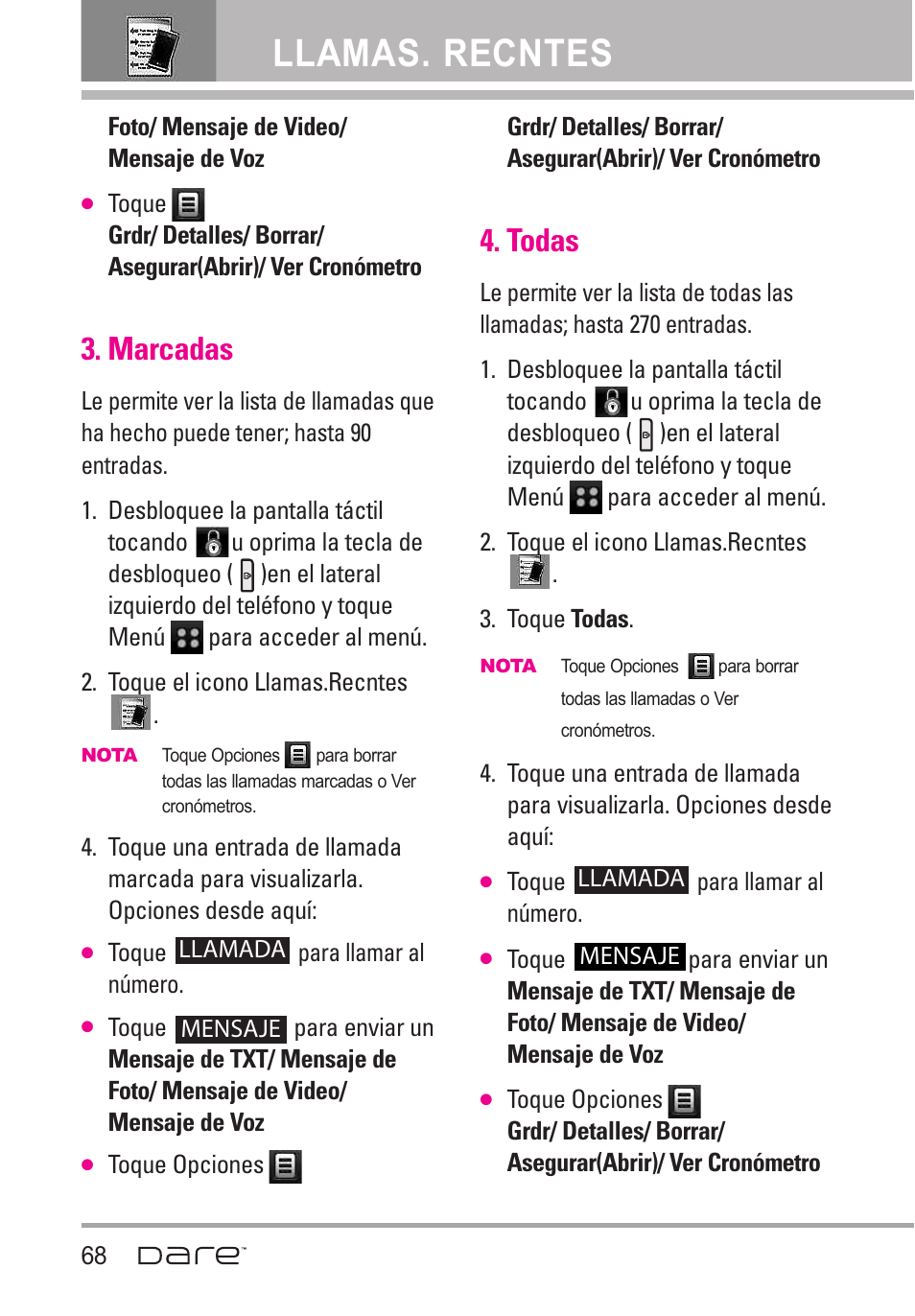 Marcadas, Todas, Llamas. recntes | LG Dare User Manual | Page 199 / 273