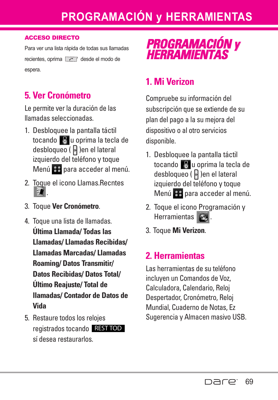 Ver cron?etro, Y herramientas, Mi verizon | Herramientas, Ver cronómetro, Programación y herramientas | LG Dare User Manual | Page 200 / 273