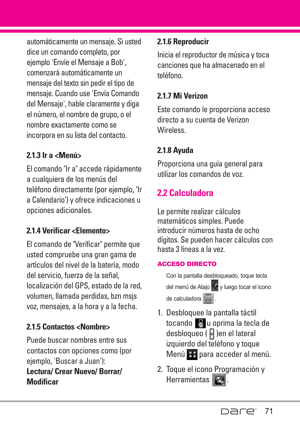 3 ir a <men, 4 verificar <elemento, 5 contactos <nombre | 6 reproducir, 7 mi verizon, 8 ayuda, 2 calculadora, 3 ir a <menú | LG Dare User Manual | Page 202 / 273