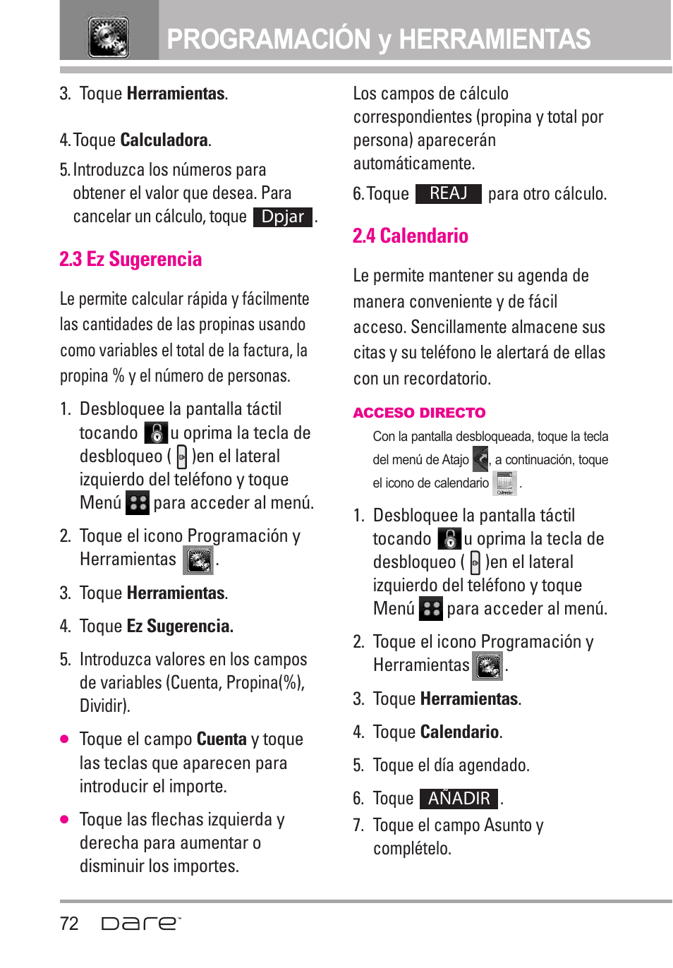 3 ez sugerencia, 4 calendario, Programación y herramientas | LG Dare User Manual | Page 203 / 273