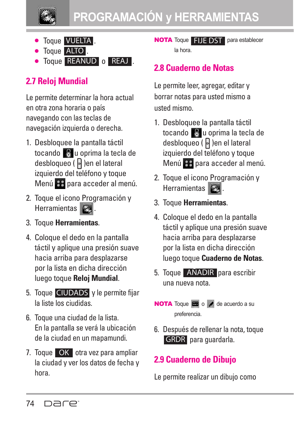 7 reloj mundial, 8 cuaderno de notas, 9 cuaderno de dibujo | Programación y herramientas | LG Dare User Manual | Page 205 / 273