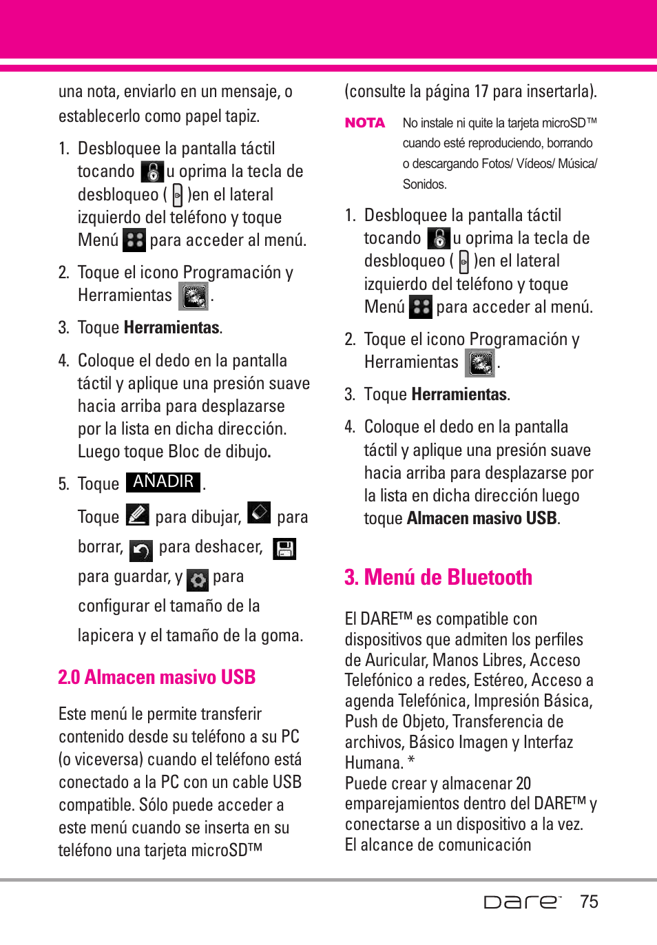 0 almacen masivo usb, Men?de bluetooth, Menú de bluetooth | LG Dare User Manual | Page 206 / 273