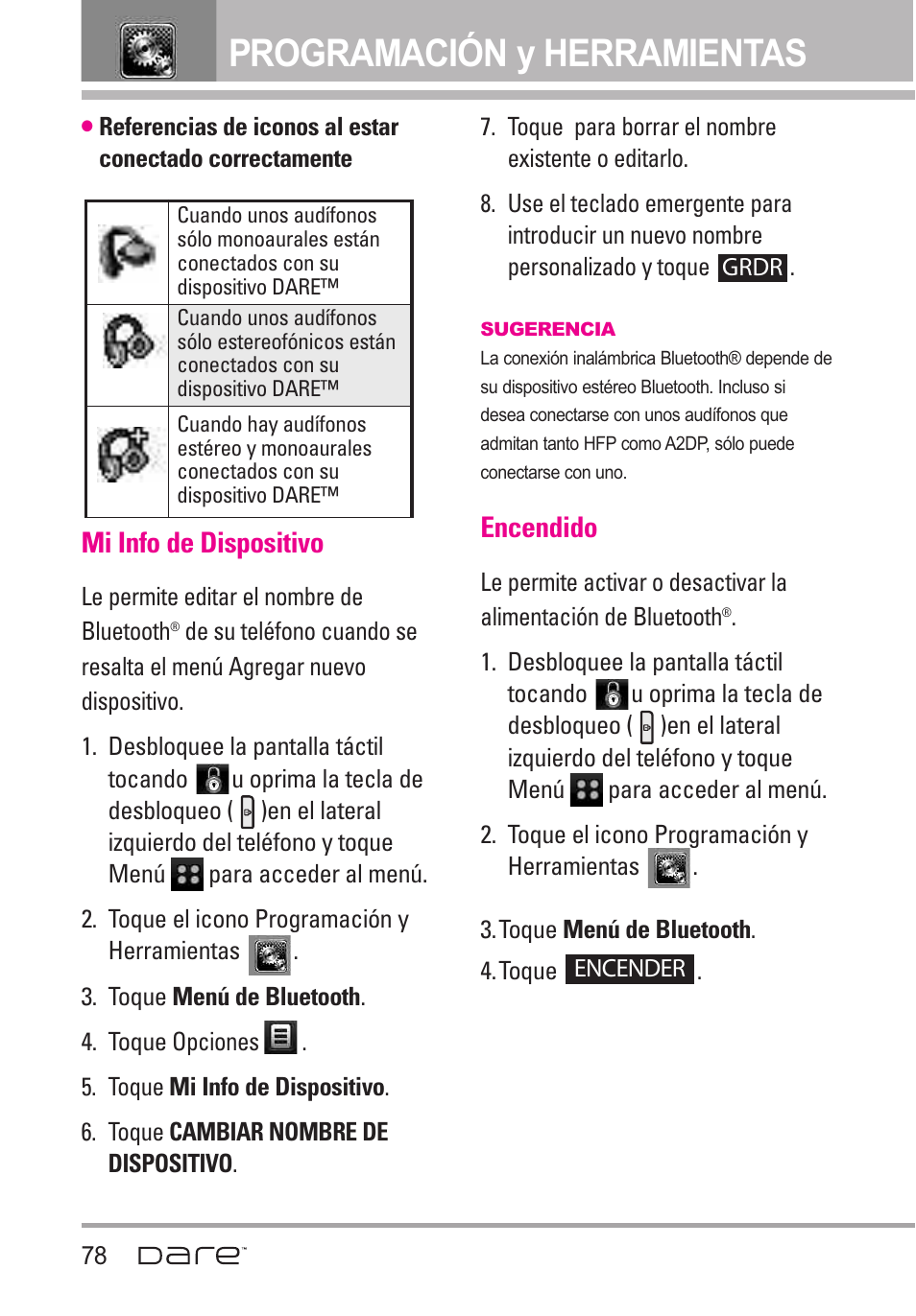 Mi info de dispositivo, Encendido, Programación y herramientas | LG Dare User Manual | Page 209 / 273