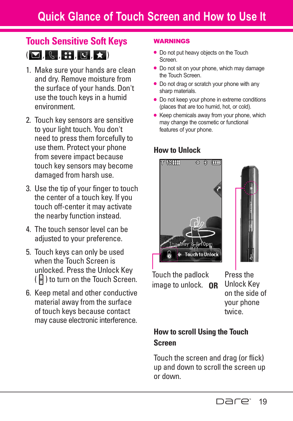 Quick glance of touch screen, Touch sensitive soft keys, Quick glance of touch screen and how to use it | LG Dare User Manual | Page 21 / 273