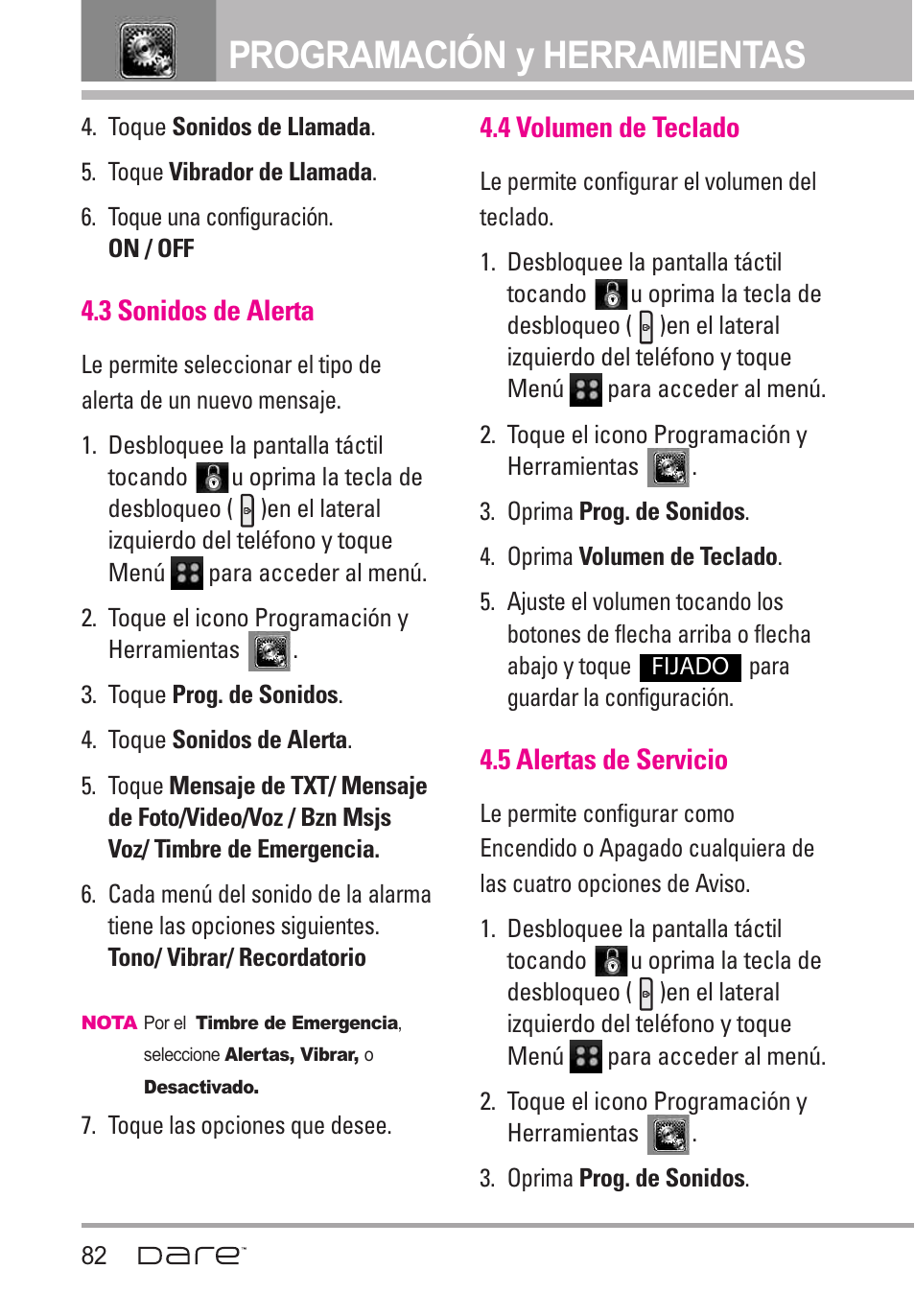 3 sonidos de alerta, 4 volumen de teclado, 5 alertas de servicio | Programación y herramientas | LG Dare User Manual | Page 213 / 273