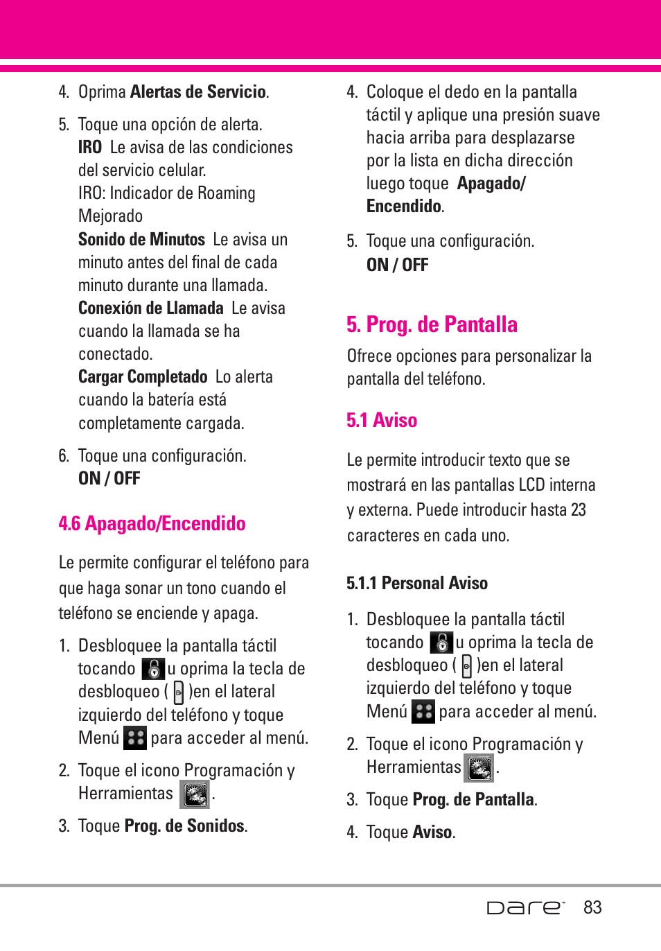 6 apagado/encendido, Prog. de pantalla, 1 aviso | 1 personal aviso | LG Dare User Manual | Page 214 / 273