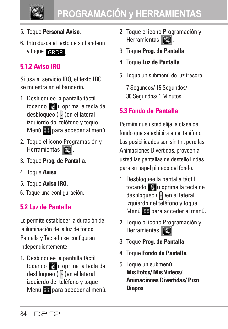 2 aviso iro, 2 luz de pantalla, 3 fondo de pantalla | Programación y herramientas | LG Dare User Manual | Page 215 / 273