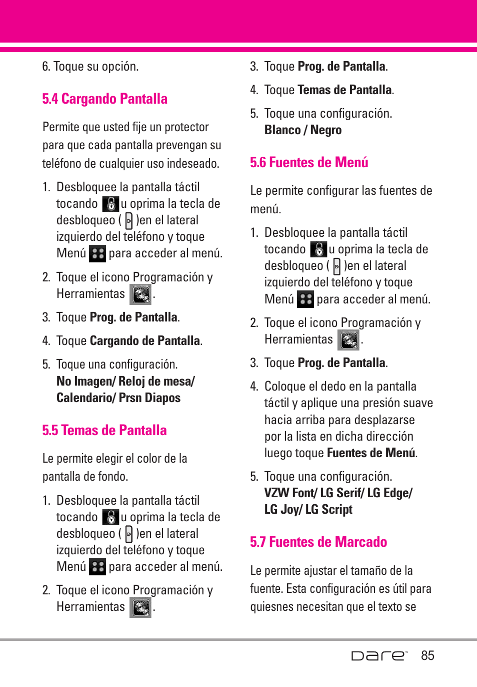 4 cargando pantalla, 5 temas de pantalla, 6 fuentes de men | 7 fuentes de marcado, 6 fuentes de menú | LG Dare User Manual | Page 216 / 273
