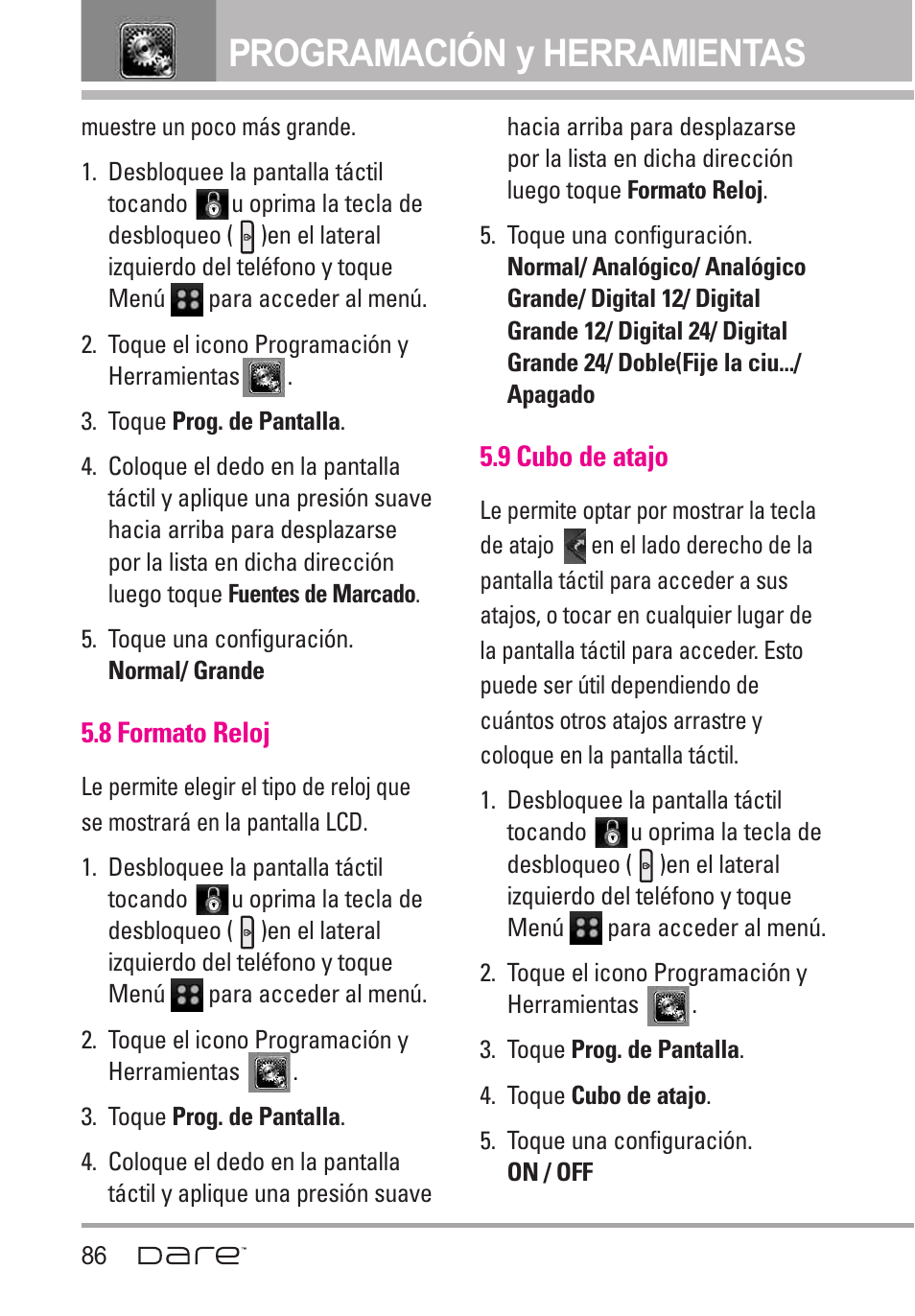 8 formato reloj, 9 cubo de atajo, Programación y herramientas | LG Dare User Manual | Page 217 / 273