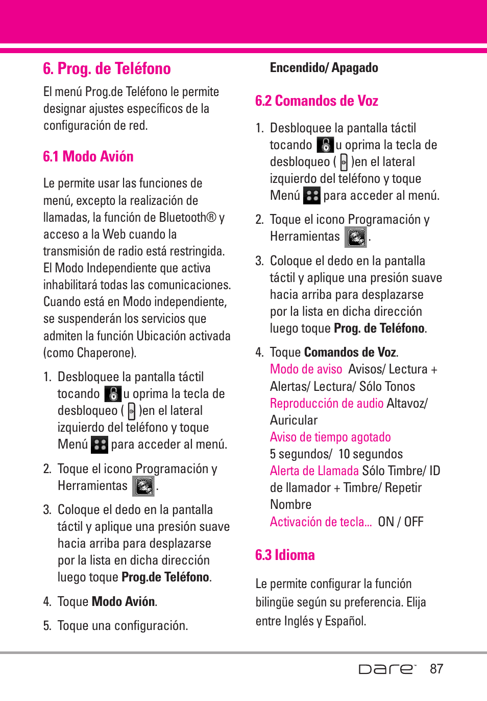 Prog. de tel?ono, 1 modo avi, 2 comandos de voz | 3 idioma, Prog. de teléfono, 1 modo avión | LG Dare User Manual | Page 218 / 273