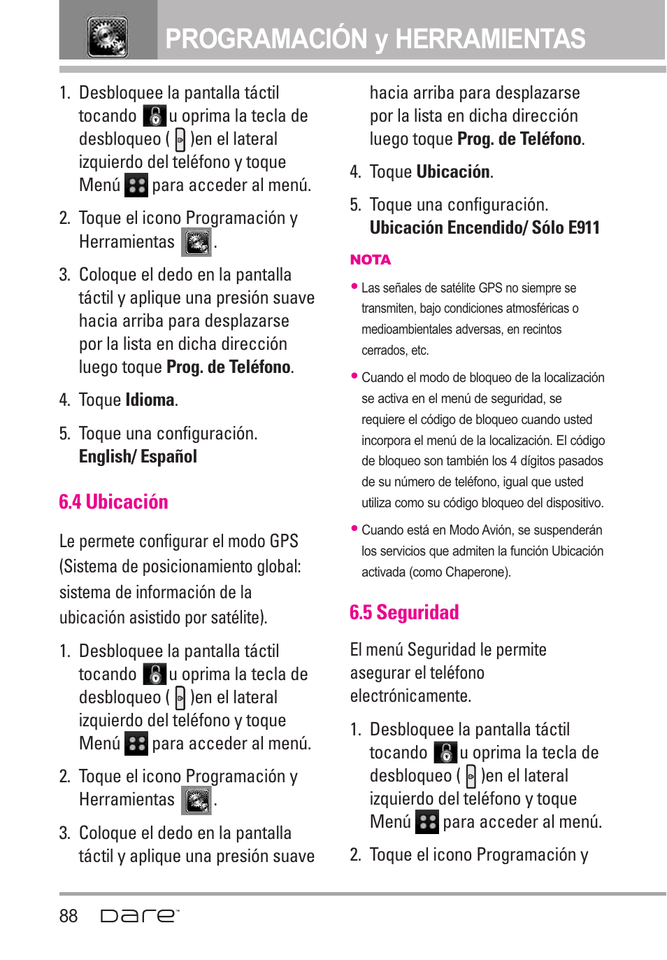 4 ubicaci, 5 seguridad, 4 ubicación | Programación y herramientas | LG Dare User Manual | Page 219 / 273