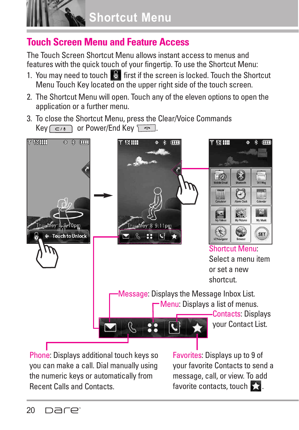 Touch screen menu and featur, Shortcut menu, Touch screen menu and feature access | LG Dare User Manual | Page 22 / 273