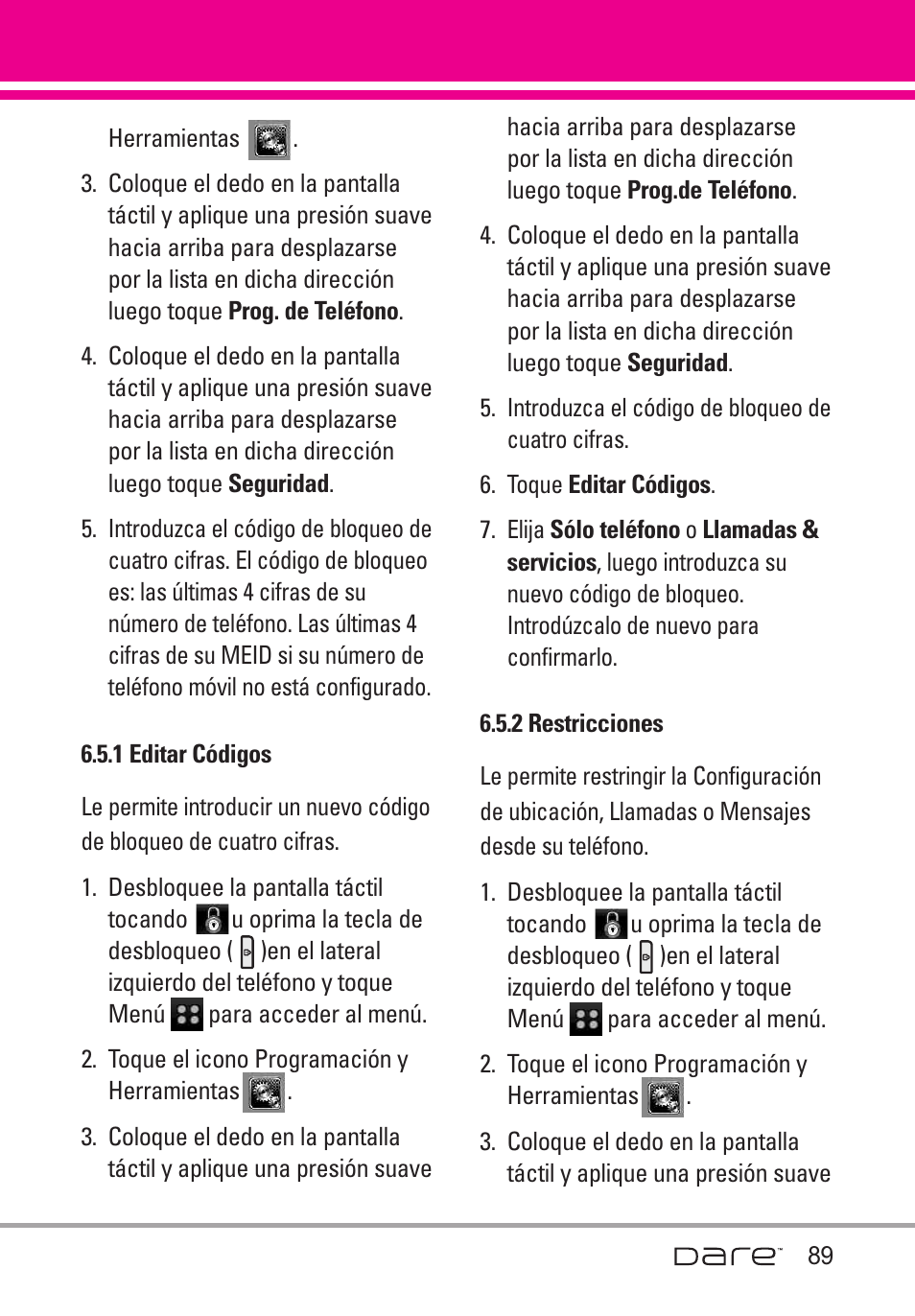 1 editar c?igos, 2 restricciones, 1 editar códigos | LG Dare User Manual | Page 220 / 273