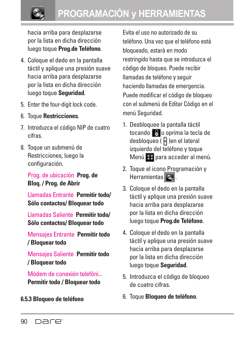 3 bloqueo de tel?ono, 3 bloqueo de teléfono, Programación y herramientas | LG Dare User Manual | Page 221 / 273