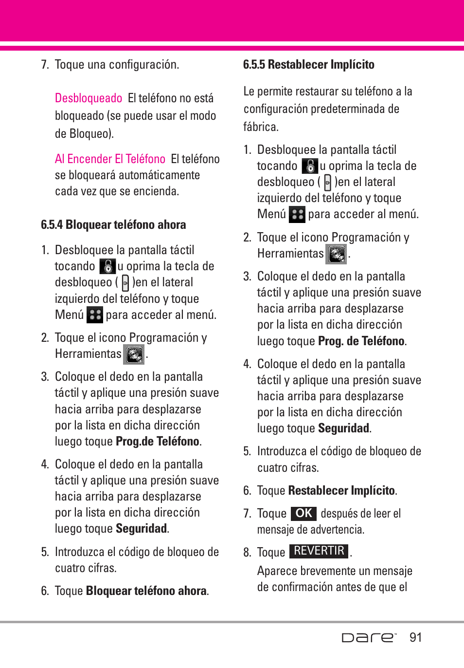 4 bloquear tel?ono ahora, 5 restablecer impl?ito, 4 bloquear teléfono ahora | 5 restablecer implícito | LG Dare User Manual | Page 222 / 273