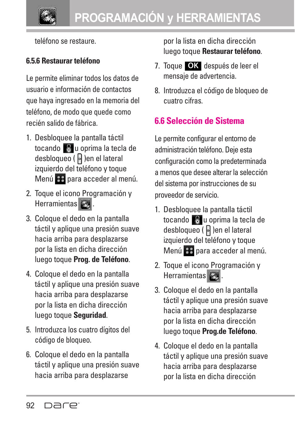 6 restaurar tel?ono, 6 selecci? de sistema, 6 restaurar teléfono | 6 selección de sistema, Programación y herramientas | LG Dare User Manual | Page 223 / 273