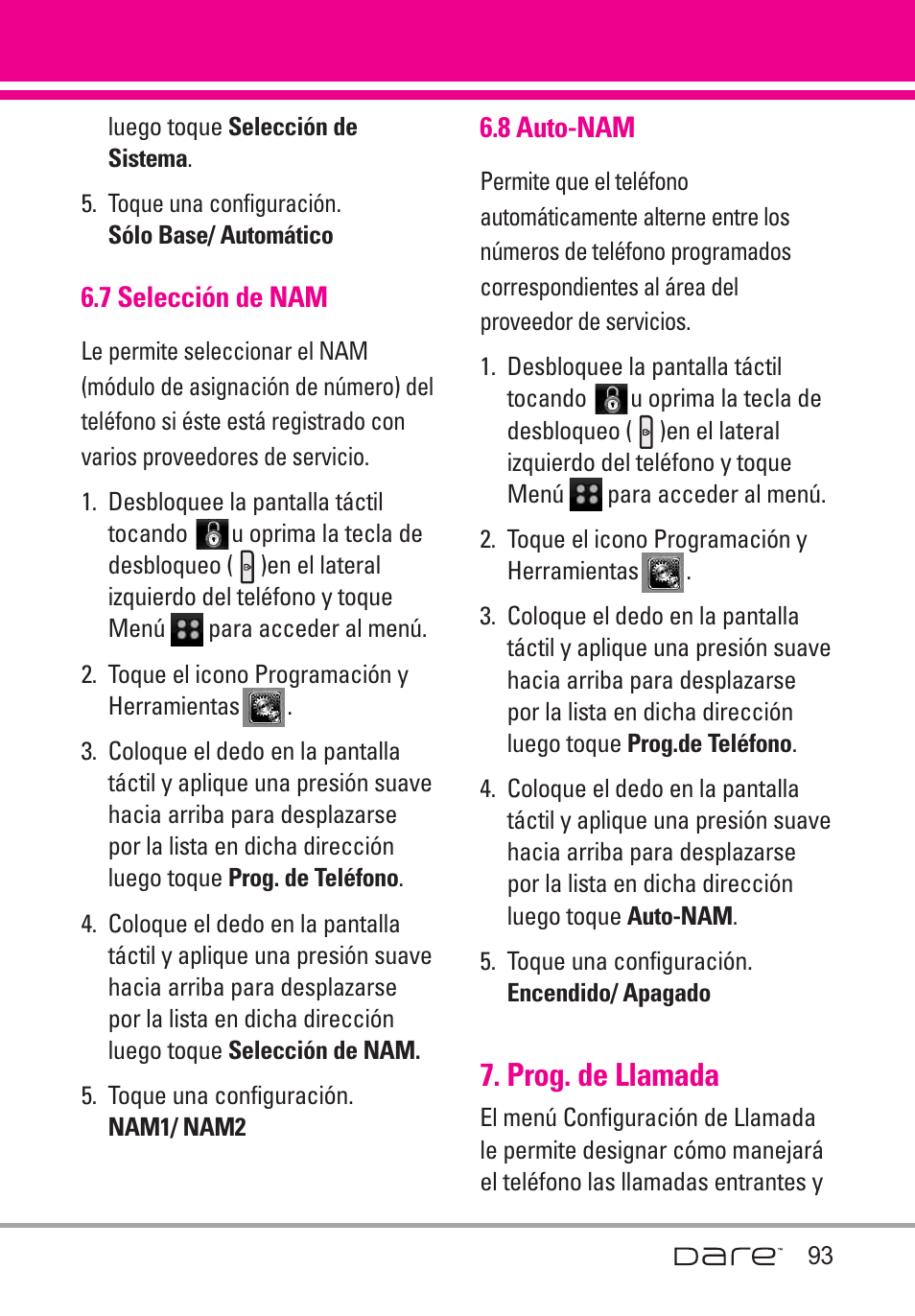7 selecci? de nam, 8 auto-nam, Prog. de llamada | 7 selección de nam | LG Dare User Manual | Page 224 / 273