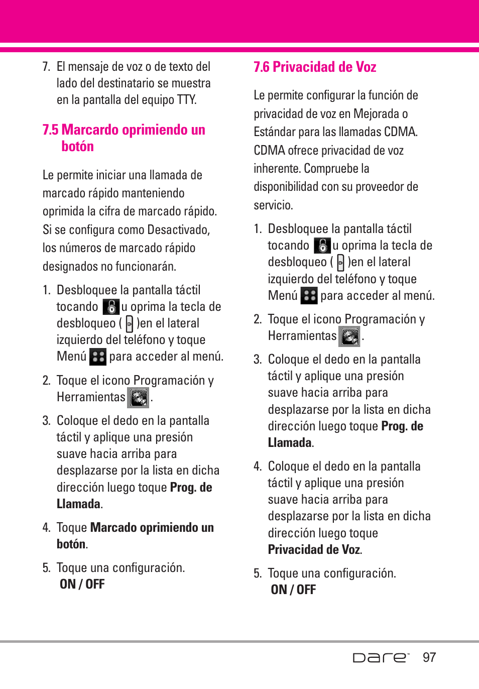 5 marcardo oprimiendo un, 6 privacidad de voz, 5 marcardo oprimiendo un botón 97 | LG Dare User Manual | Page 228 / 273