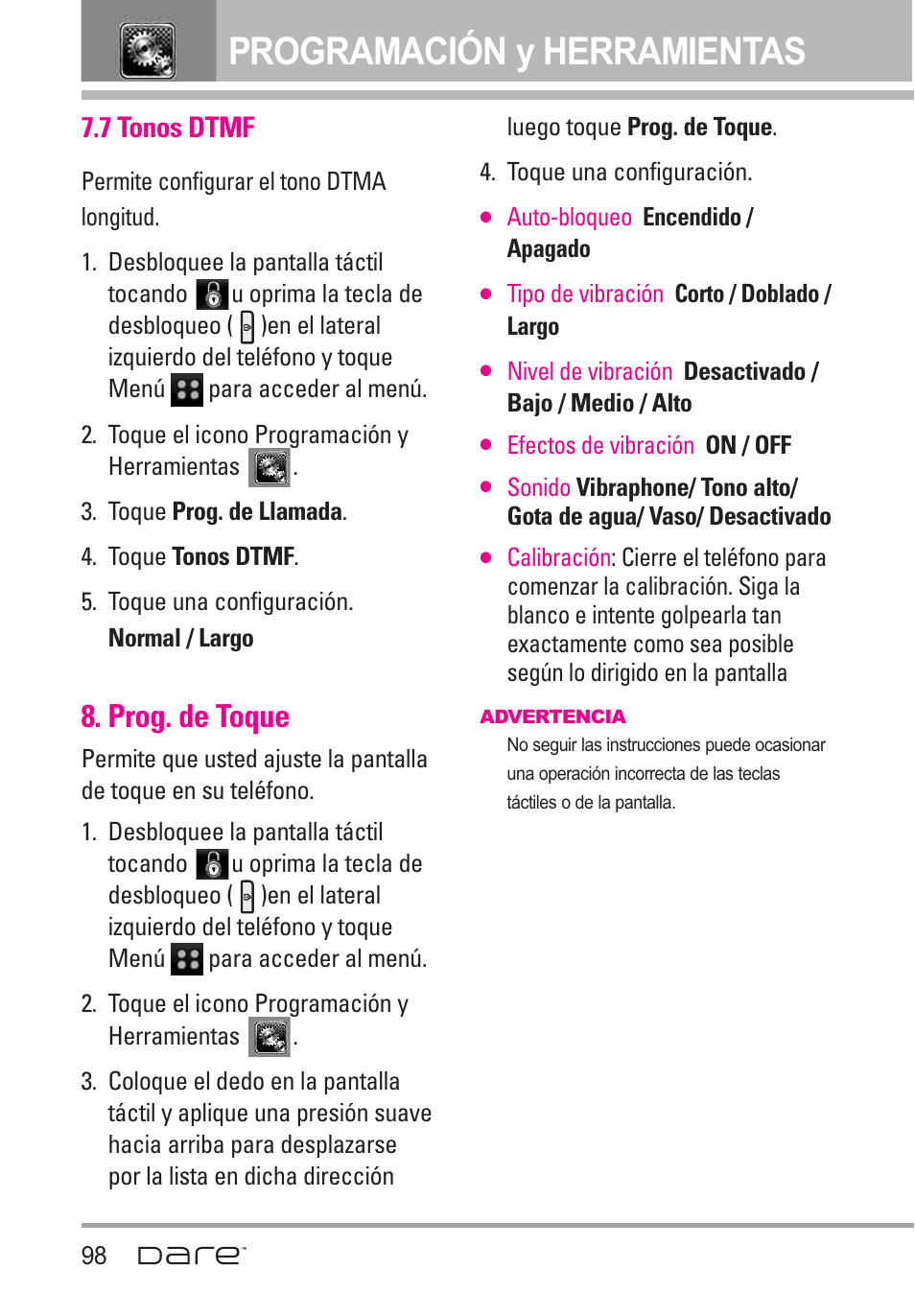 7 tonos dtmf, Prog. de toque, Programación y herramientas | LG Dare User Manual | Page 229 / 273
