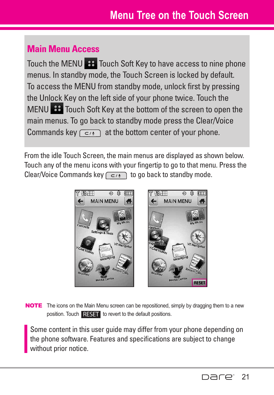 Menu tree on the touch screen, Main menu access | LG Dare User Manual | Page 23 / 273