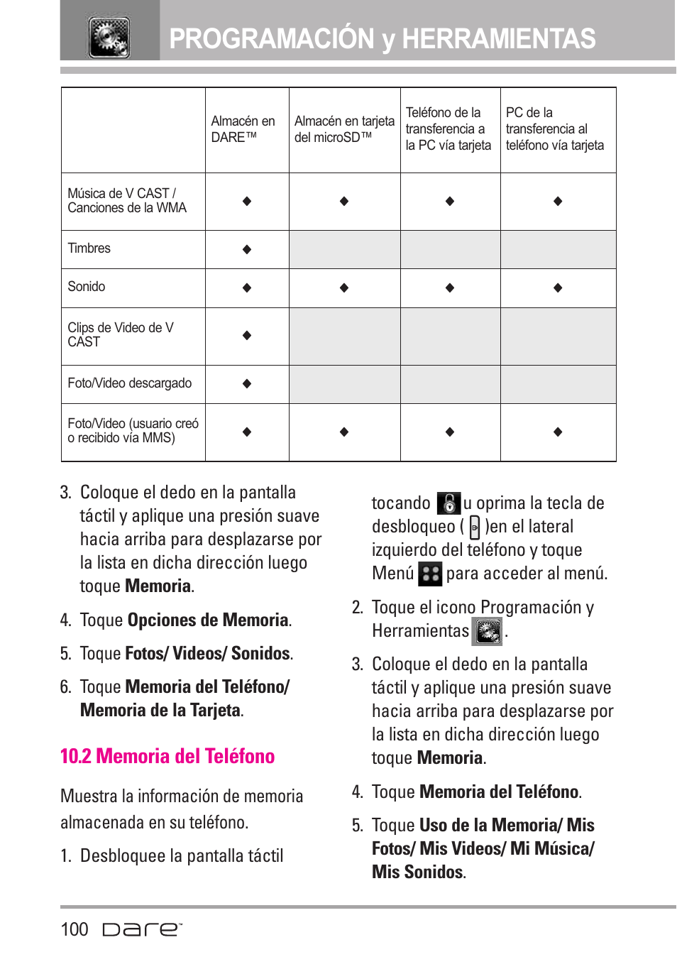 2 memoria del tel?ono, 2 memoria del teléfono, Programación y herramientas | LG Dare User Manual | Page 231 / 273