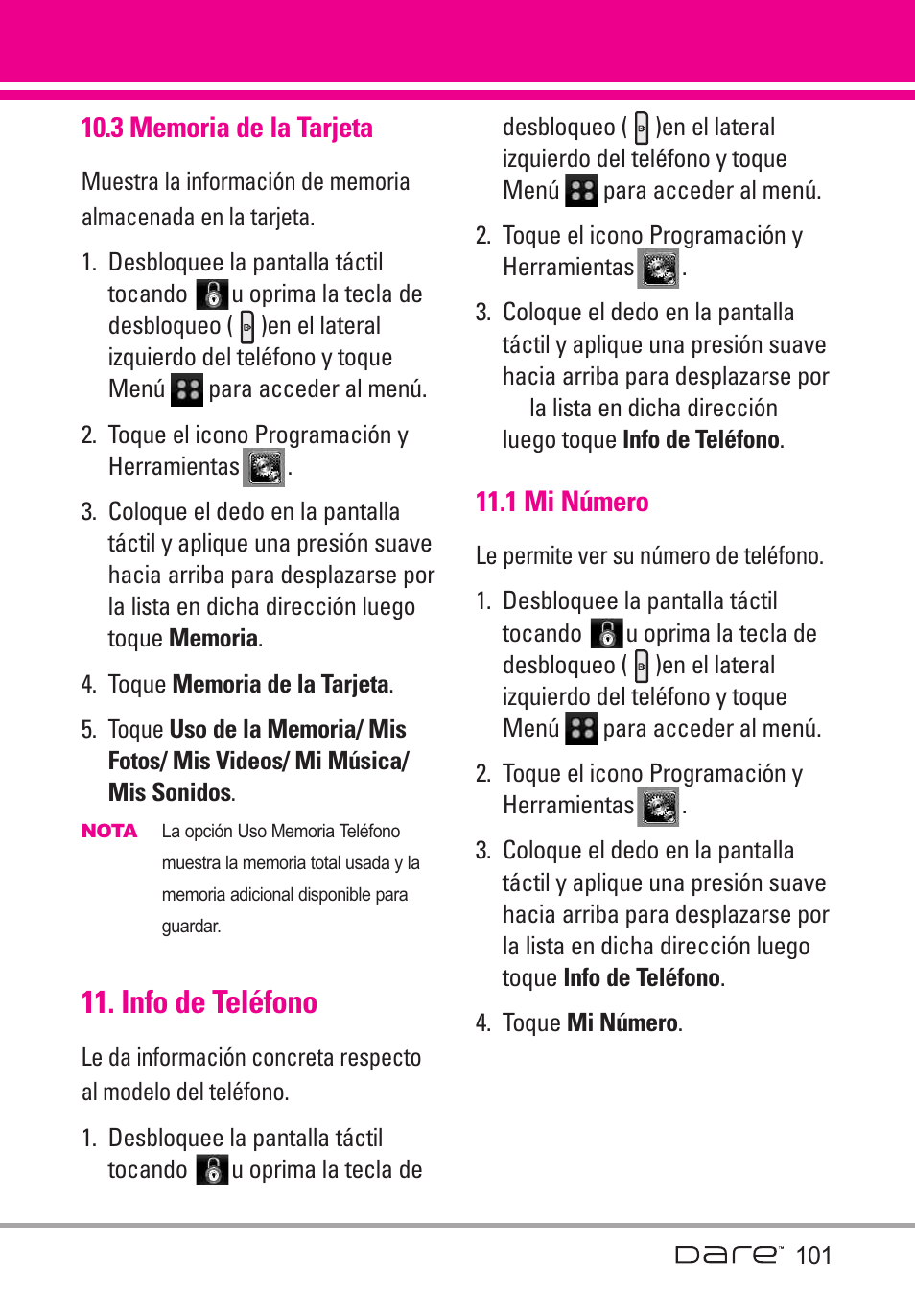 3 memoria de la tarjeta, Info de tel?ono, 1 mi n?ero | Info de teléfono, 1 mi número | LG Dare User Manual | Page 232 / 273