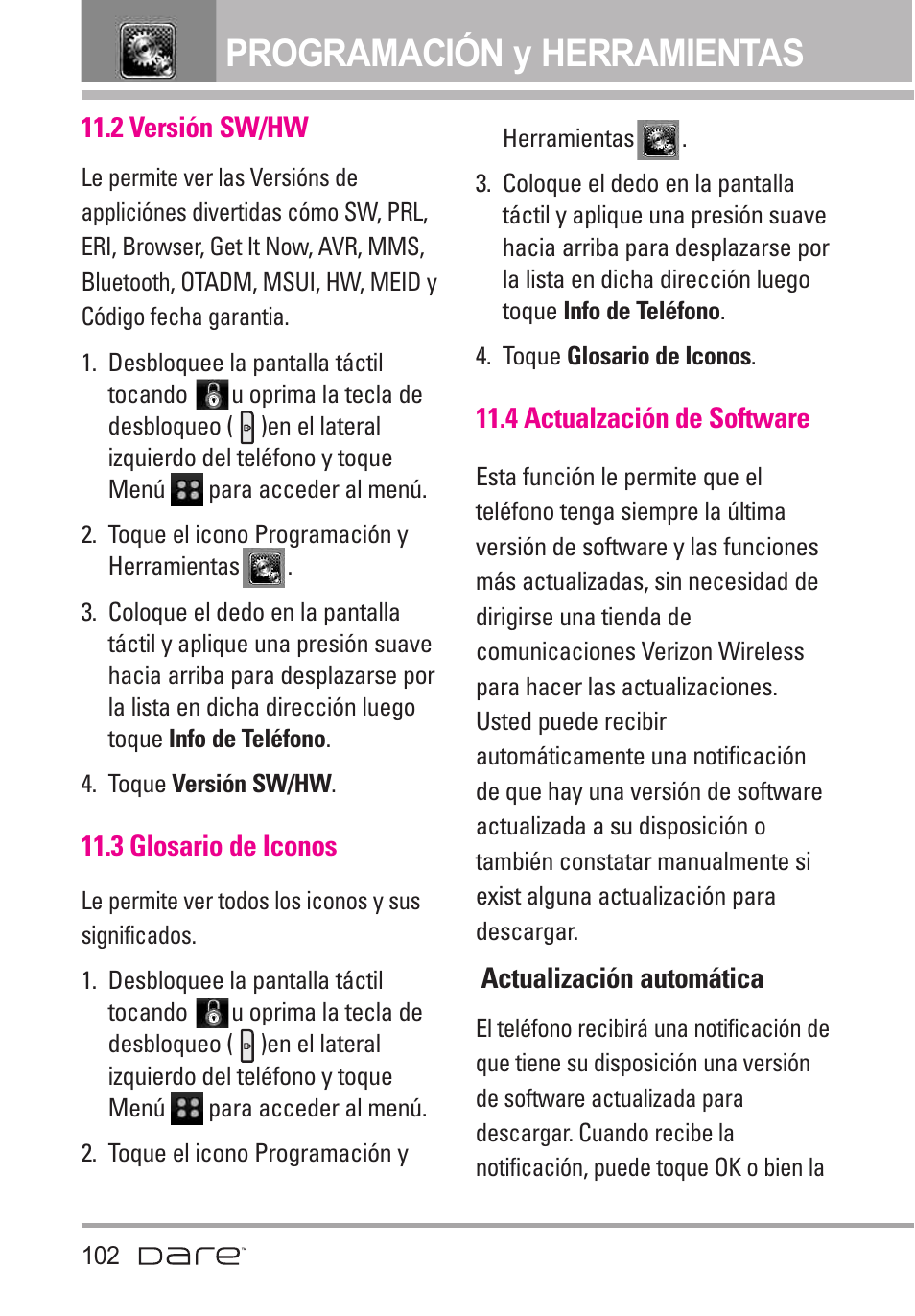 3 glosario de iconos, 4 actualzaci? de software, 4 actualzación de software | Programación y herramientas | LG Dare User Manual | Page 233 / 273