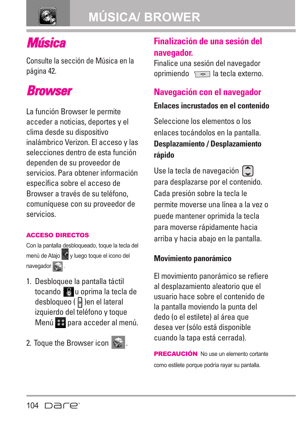 M?ica, Browser, Navegaci? con el navegador | Música, Navegación con el navegador, Mmú ússiic ca a, Bbrro ow wsse err, Música/ brower | LG Dare User Manual | Page 235 / 273