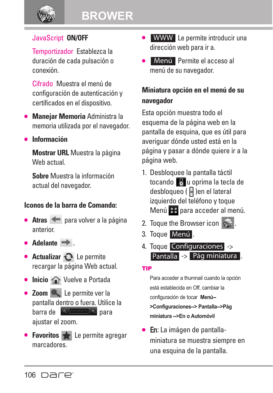 Iconos de la barra de comando, Miniatura opci? en el men, Iconos de la barra de comando: .106 | Miniatura opción en el menú de su navegador, Brower | LG Dare User Manual | Page 237 / 273