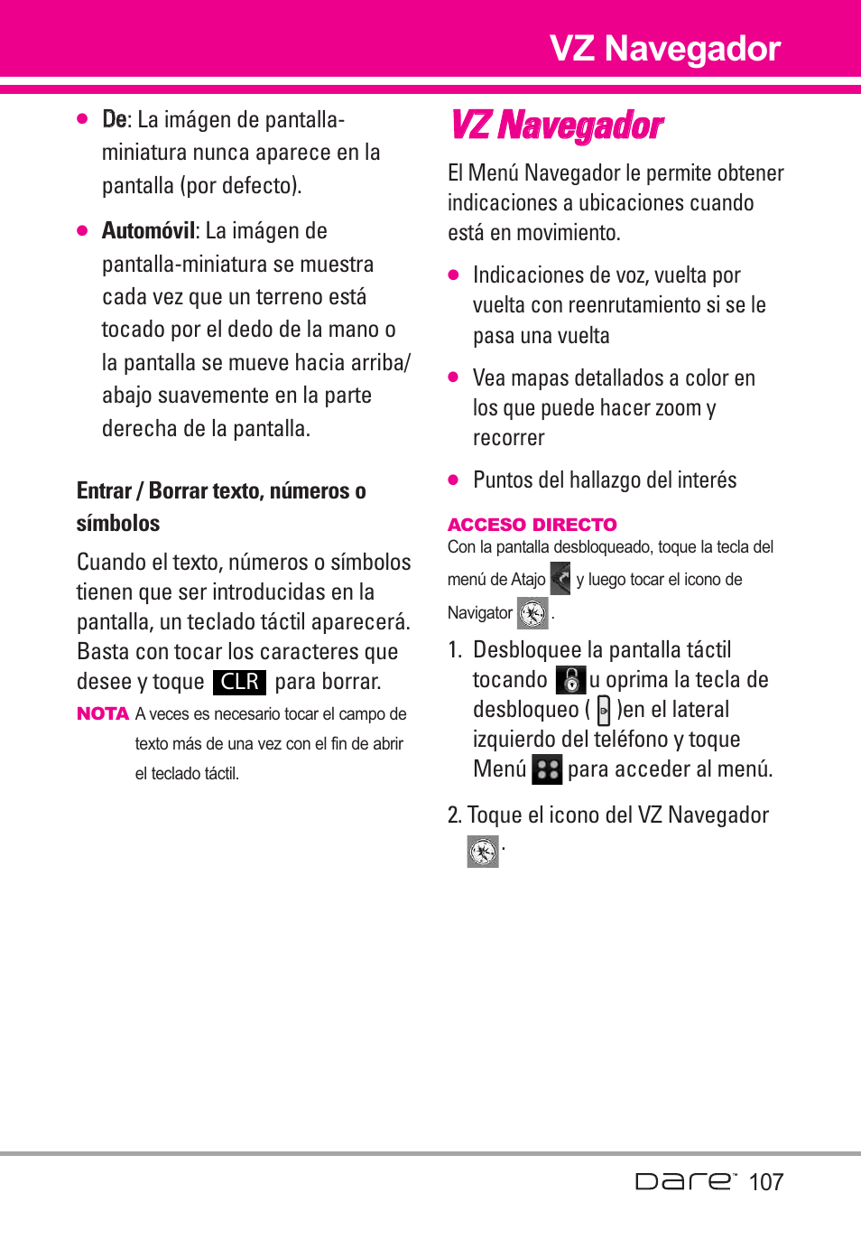 Entrar / borrar texto, n?er, Entrar / borrar texto, números o símbolos, Vvz z n na avve eg ga ad do orr | Vz navegador | LG Dare User Manual | Page 238 / 273