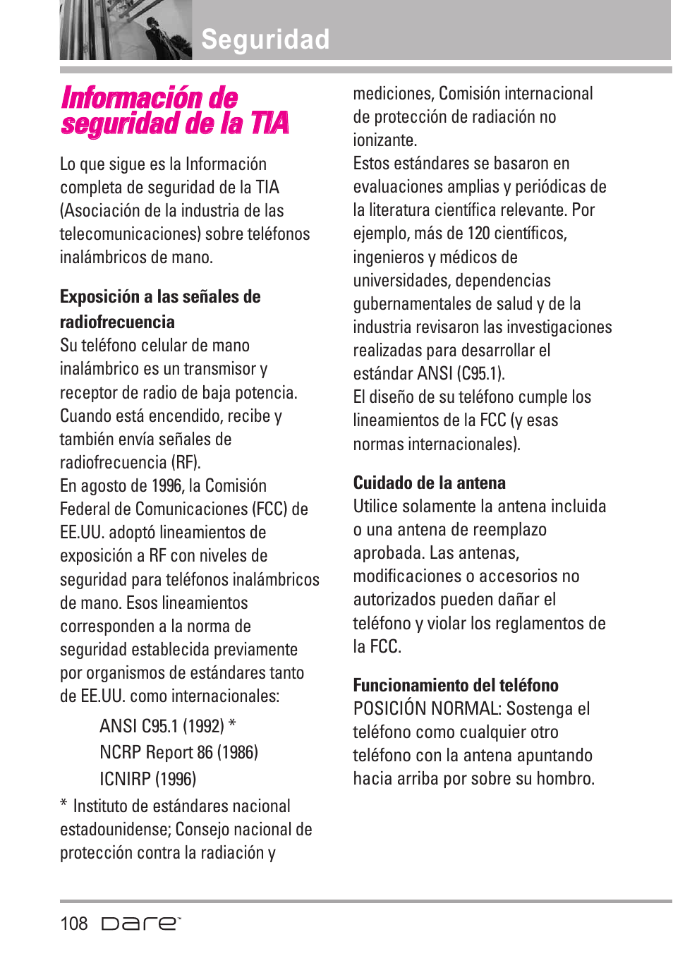 Informaci? de seguridad de, Exposici? a las se?les de, Cuidado de la antena | Funcionamiento del tel?ono, Seguridad, Información de seguridad de la tia, Exposición a las señales de radiofrecuencia, Funcionamiento del teléfono | LG Dare User Manual | Page 239 / 273