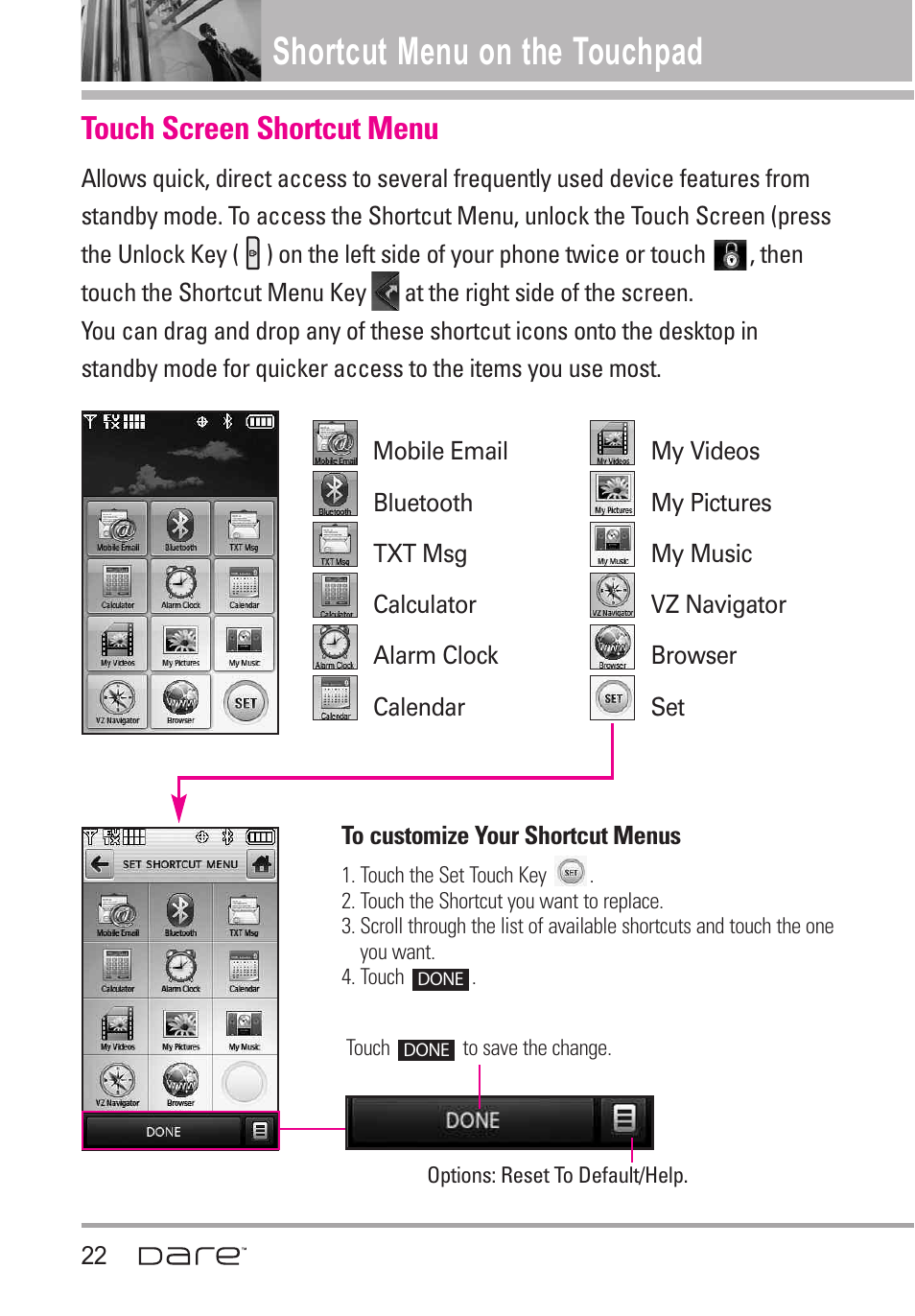 Shortcut menu on the touchpad, Touch screen shortcut menu | LG Dare User Manual | Page 24 / 273
