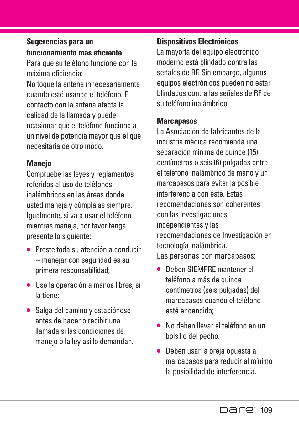 Sugerencias para un funcion, Manejo, Dispositivos electr?icos | Marcapasos, Sugerencias para un funcionamiento más eficiente, Dispositivos electrónicos | LG Dare User Manual | Page 240 / 273