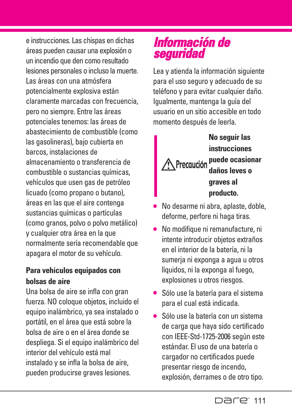 Para veh?ulos equipados con, Informaci? de seguridad, Para vehículos equipados con bolsas de aire | Información de seguridad | LG Dare User Manual | Page 242 / 273
