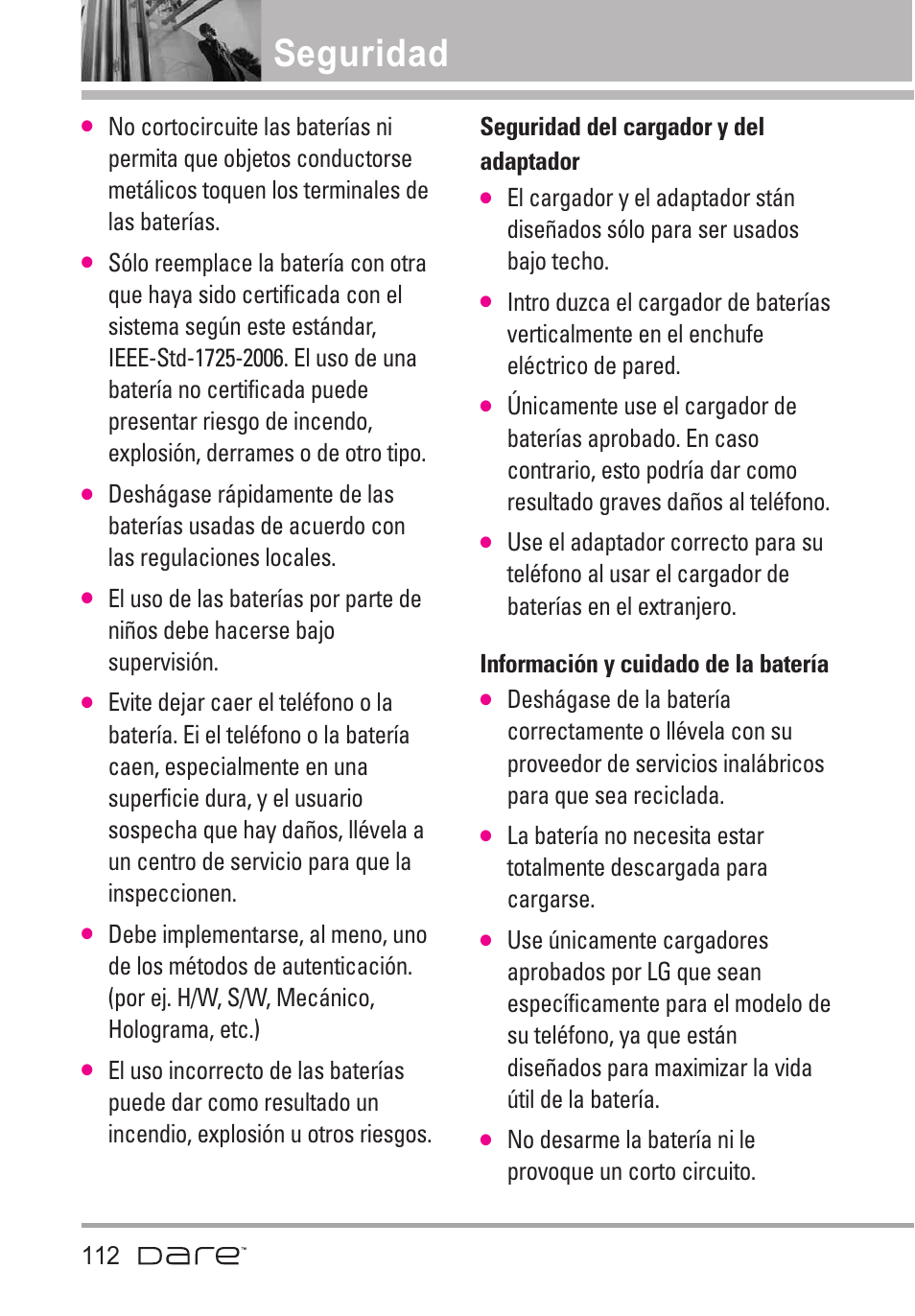 Seguridad del cargador y del, Informaci? y cuidado de la, Seguridad del cargador y del adaptador | Información y cuidado de la batería, Seguridad | LG Dare User Manual | Page 243 / 273