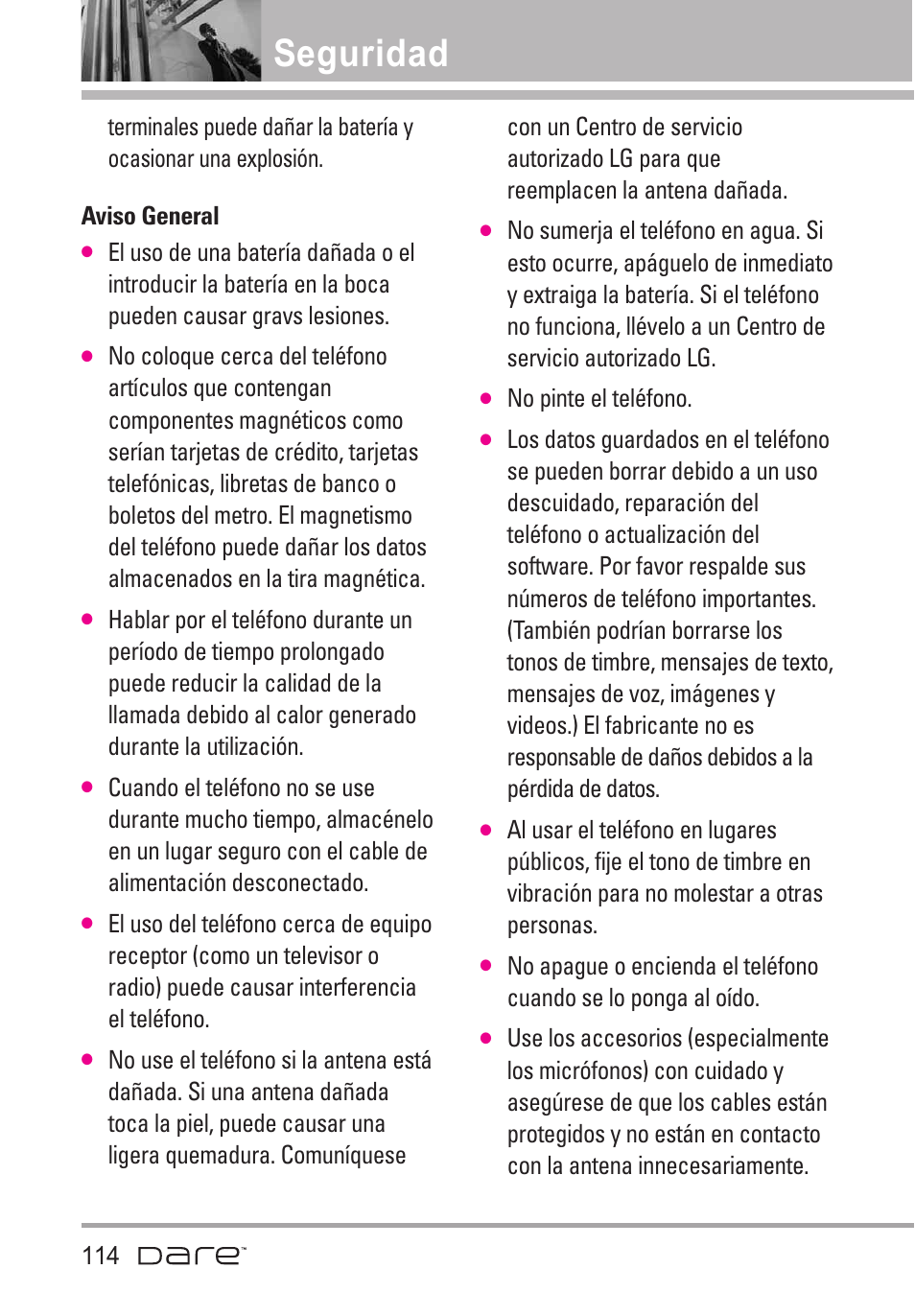 Aviso general, Seguridad | LG Dare User Manual | Page 245 / 273