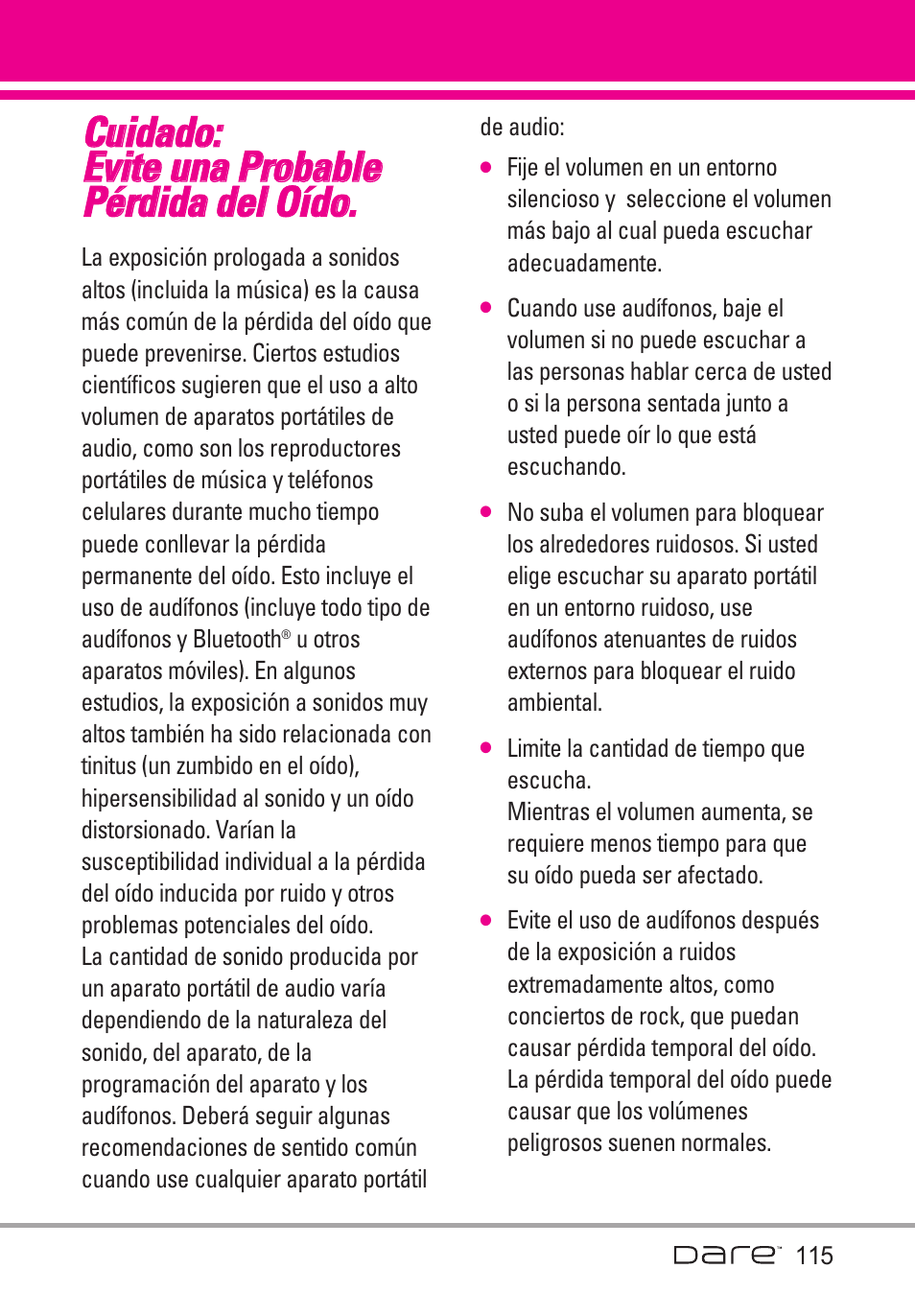 Cuidado: evite una probable, Cuidado: evite una probable pérdida del oído | LG Dare User Manual | Page 246 / 273