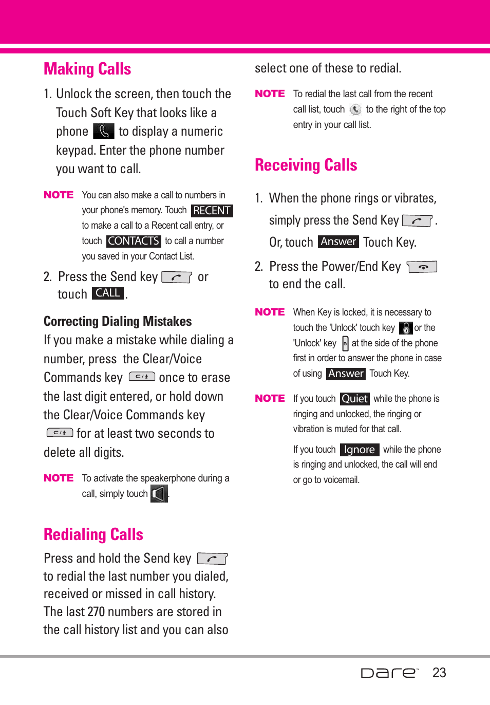 Making calls, Redialing calls, Receiving calls | LG Dare User Manual | Page 25 / 273
