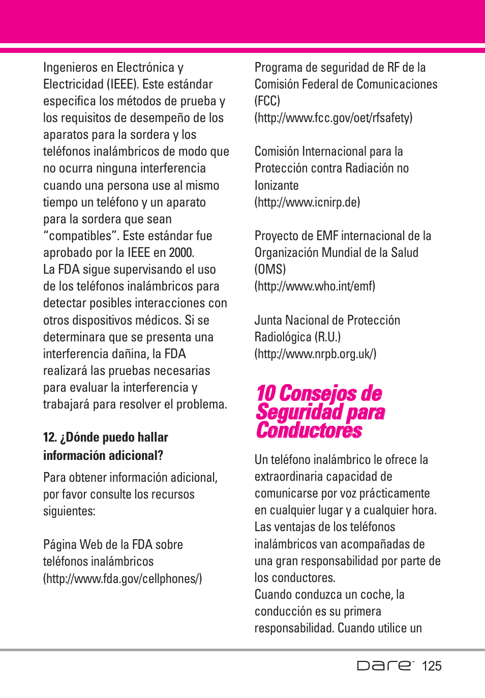 10 consejos de seguridad pa, 10 consejos de seguridad para conductores | LG Dare User Manual | Page 256 / 273