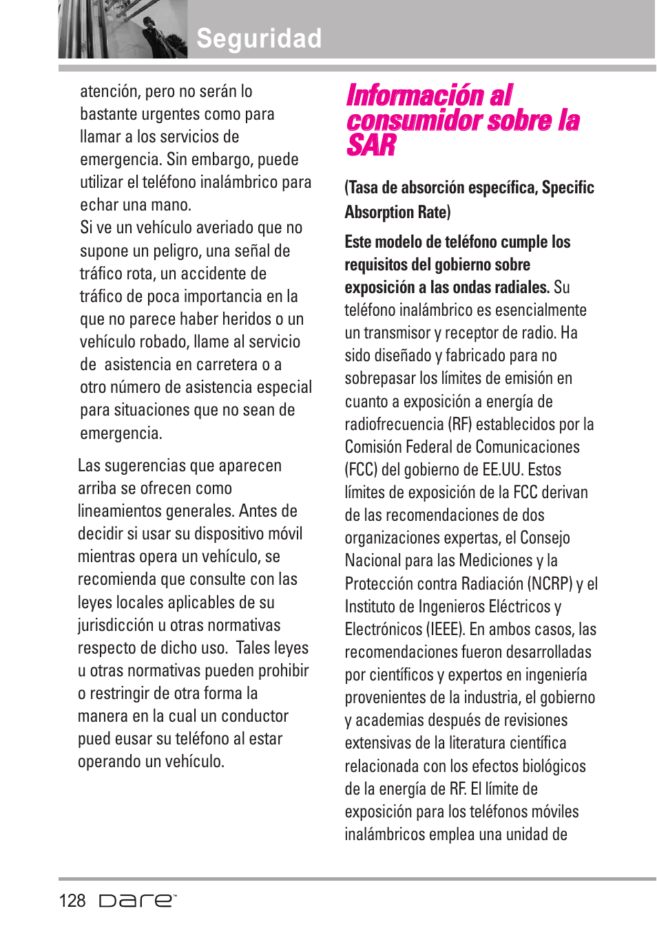 Informaci? al consumidor s, Información al consumidor sobre la sar | LG Dare User Manual | Page 259 / 273