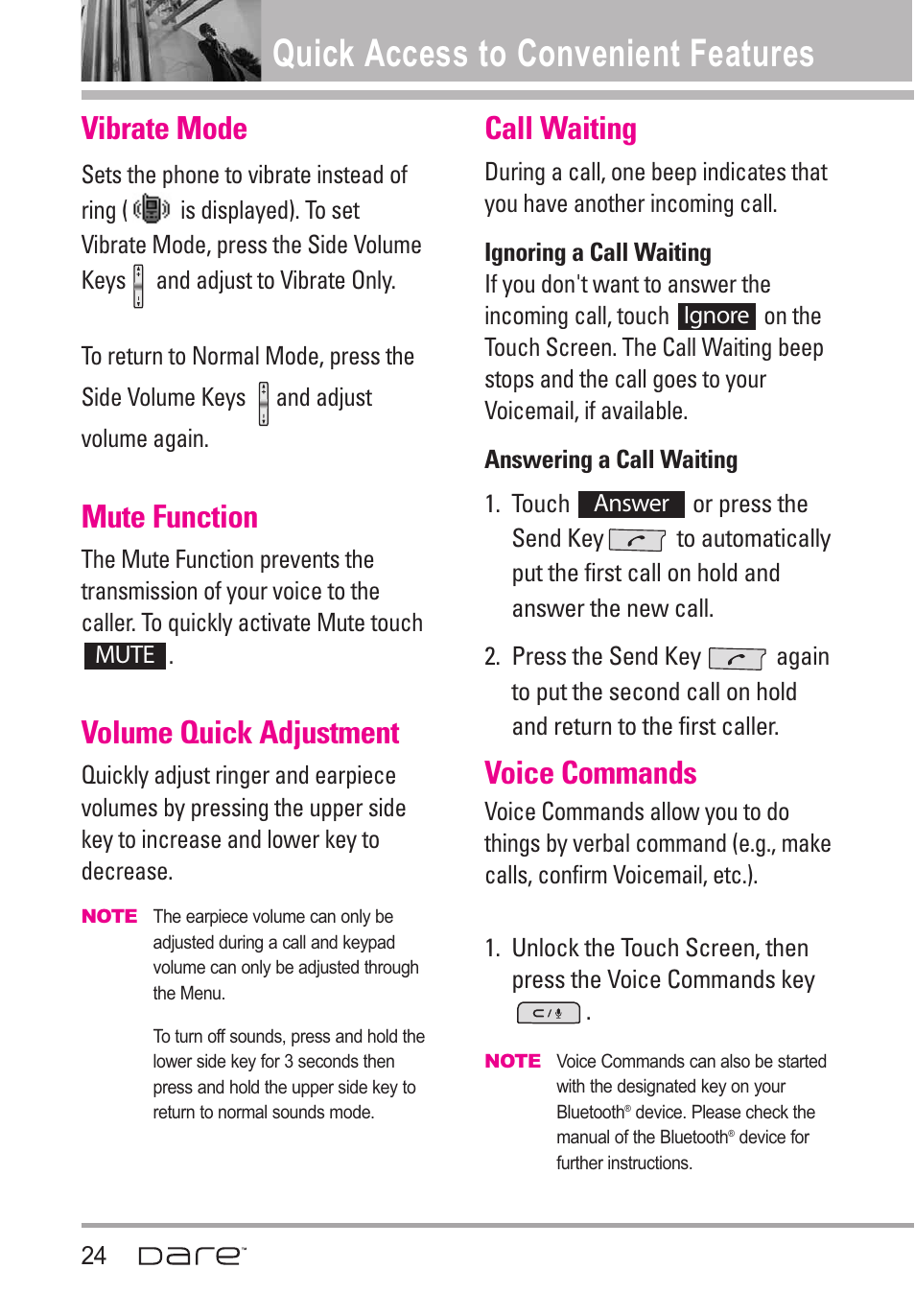 Quick access to convenient f, Vibrate mode, Mute function | Volume quick adjustment, Call waiting, Quick access to convenient features, Voice commands | LG Dare User Manual | Page 26 / 273
