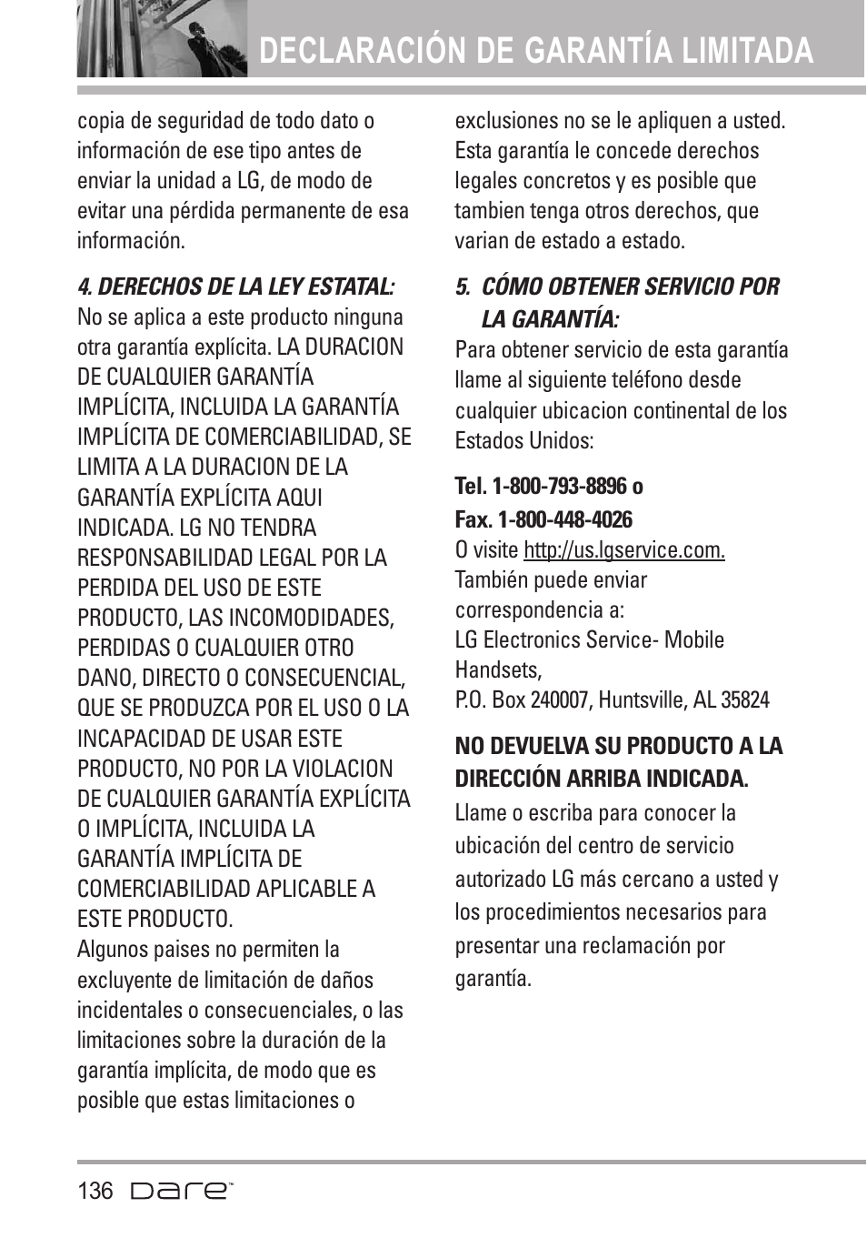 Declaración de garantía limitada | LG Dare User Manual | Page 267 / 273