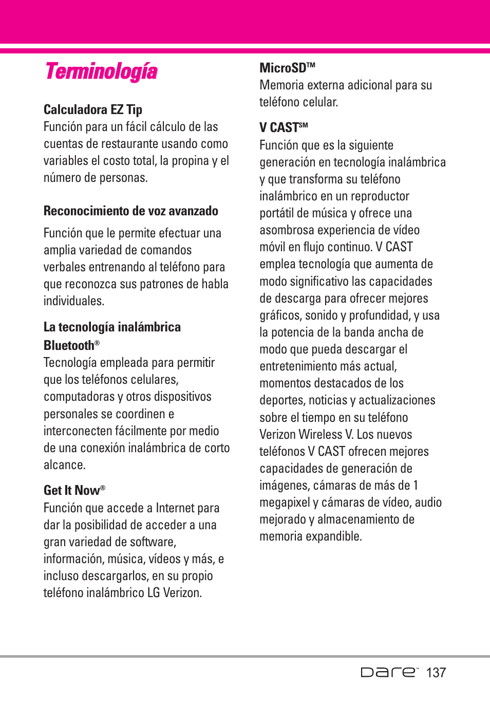 Terminolog, Glosario, Terminología | Tte errm miin no ollo og gíía a | LG Dare User Manual | Page 268 / 273