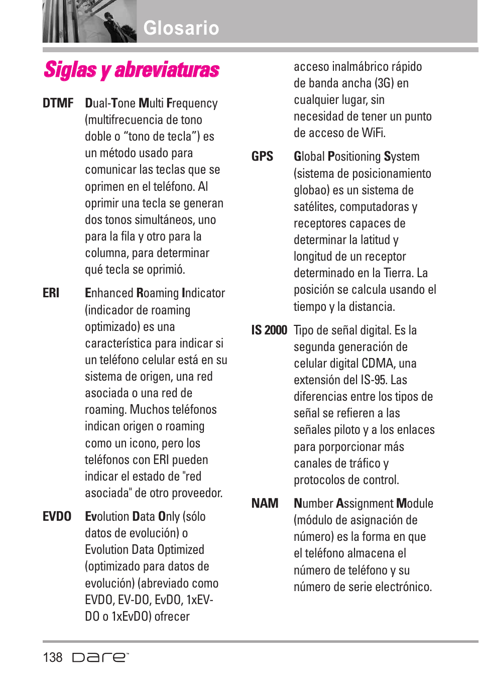 Siglas y abreviaturas, Ssiig glla ass yy a ab brre evviia attu urra ass, Glosario | LG Dare User Manual | Page 269 / 273