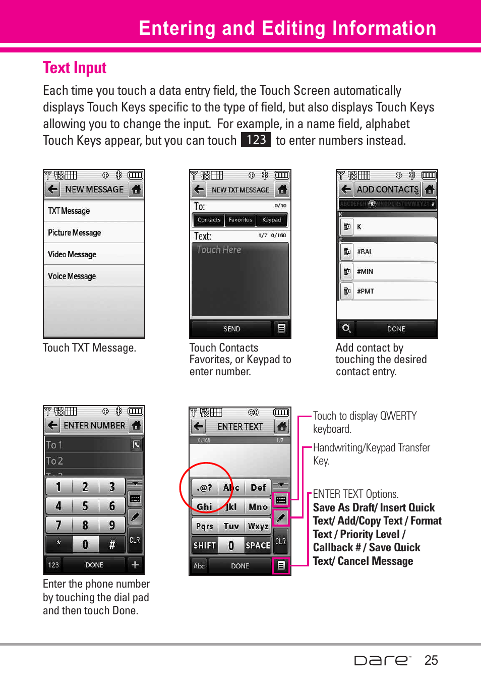 Entering and editing inform, Text input, Entering and editing information | LG Dare User Manual | Page 27 / 273